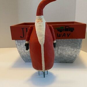 Christmas Planter With Fabric Santa Claus, galvanized metal & wood Holiday Decor